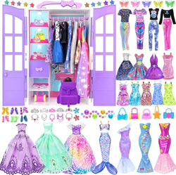 iBayda 94pcs Doll Clothes and Accessories with Doll Closet for 11.5 inch Fashion Design Kit Girl Doll Dress Up Including Long Princess Dress Outfits and Shoes Handbags Necklaces DIY Bead Stickers