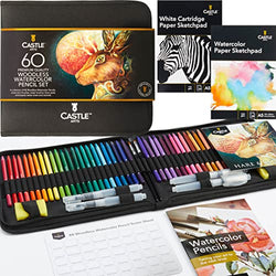 Castle Art Supplies 60 Piece Woodless Watercolor Pencils Set | 48 Solid Pigmented Pencils Plus Extras | All Core, No Wood | for Adult Artists, Starters, Colorists | in Strong Fabric Case
