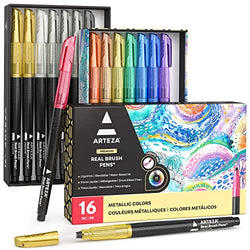 Arteza Metallic Real Brush Pens, 16 Colors, Blendable Watercolor Markers, Liquid Ink, Art Supplies for Lettering, Calligraphy, and Scrapbooking