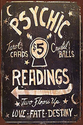 Stevenca Metal Tin Sign Psychic Readings $5 Tarot Cards Crystal Balls Vintage 8x12 Inch Wall Decor