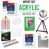 U.S. Art Supply 60 Piece Deluxe Acrylic Painitng Set wtih 12 Pack of 8" X 10" Professional Artist Quality Canvas Panel Boards, Aluminum Tabletop Easel, 24 Acrylic Colors, Acrylic Painting Pad