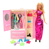 Miunana Lot 36pcs Fashion Doll Closet Wardrobe Doll Clothes and Accessories Set with 1 Pink Wardrobe + 5 Fixed Skirts + 10 Radom Shoes + 10 Hangers + 10 Radom Bags for 11.5 inch Girl Doll