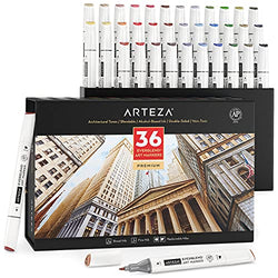 Arteza Art Alcohol Markers, Set of 36 Colors, Architecture Tones, Medium Chisel & Fine Tip, Art Supplies for Drawing & Sketching