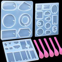 3 Pack Jewelry Casting Molds, 1 Bigger 6 Styles Pendant Mold & 2 Multiple Styles Resin Molds with Hanging Hole, Come with 5 PCS Mixing Spoons
