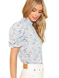 Romwe Women's Floral Print Ruffle Puff Short Sleeve Casual Blouse Tops Blue Small