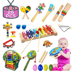 Buself Musical Instruments Toys for Toddlers-15 Types Wooden Percussion Instruments for Kids with Adorable Backpack Storage Bag (26 PCS)