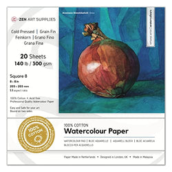 100% Cotton Watercolour Paper 140 lb - 8x8 inches 20 Sheet Cold Press Acid-Free Travel Block 2-Side Bound - for Watercolor, Gouache, Ink, Acrylic and Mixed Media by ZenART
