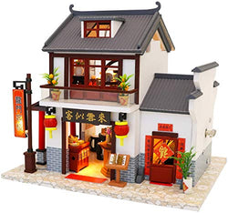 Flever Wooden DIY Dollhouse Kit, 1:24 Scale Miniature with Furniture, Dust Proof Cover and Music Movement, Creative Craft Gift for Lovers and Friends (Dragon Gate Inn)