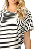 Romwe Women's Striped Short Sleeve Drop Shoulder Curved Hem Summer Tee Tops White XS