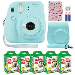 Fujifilm Instax Mini 9 Instant Camera Ice Blue with Custom Case + Fuji Instax Film Value Pack (50 Sheets) Flamingo Designer Photo Album for Fuji instax Mini 9 Photos