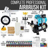 Master Airbrush Cool Runner II Dual Fan Air Tank Compressor System Deluxe Kit with Gravity Feed Airbrush, 24 Color Acrylic Paint Artist Set, Hose, Holder, Cleaning Pot, Mixing Cups Sticks How-To Guide