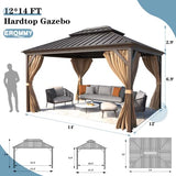 EROMMY 12'x14' Hardtop Gazebo, Galvanized Steel Outdoor Aluminum Canopy with Netting and Shaded Curtains, Double Roof Pergolas, Permanent Metal Pavilion for Patio, Backyard, Deck and Lawns, Brown