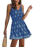 PRETTYGARDEN Women’s Floral Sexy V Neck Spaghetti Strap Backless Button Down Sundress Swing Ruffle Summer Mini Short Dress with Belt (Blue, Small)