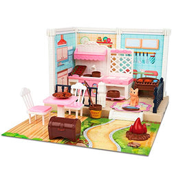 Yalanqisi DIY Miniature Dollhouse Kits,Dollhouse with Kitchen Barbecue Furniture,Pretend Play Building Playset Toys Plus Cat,Birthday Gift Educational Kit for Toddlers Women and Girls(45pcs)