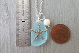 Handmade in Hawaii, turquoise bay blue sea glass necklace,starfish charm,Natural pearl,"December Birthstone", (Hawaii Gift Wrapped, Customizable Gift Message)