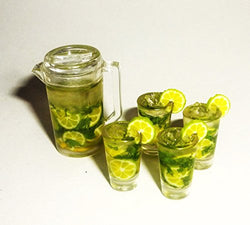 Mojito cocktail set pitcher and 4 glasses. Dollhouse miniature 1:12