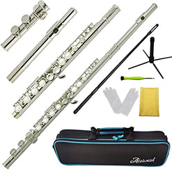 Aisiweier C Flutes Closed Hole C Flute Musical Instrument with Joint Grease,Cleaning Rod, Carrying Case, Stand, Gloves and Tuning Rod, 16 Key Student Flute Beginner Kids Flute, Nickel