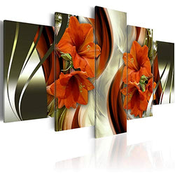 5 Panels Red Flower Painting Modern Abstract Canvas Wall Art Framed Lily Floral Picture Print Artwork for Home Decor