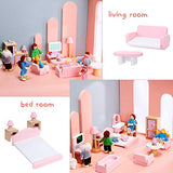 Wooden Dollhouse Furniture Doll House Furnishings with 8 Pieces Winning Doll Family Set, Dollhouse Accessories for Boys Girls Miniature Dollhouse, Family Figures Imaginative Play Toy (Pink Style)