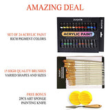Acrylic Paint Set by DUGATO - 24 Colors + 15 Premium Paint Brushes - Bonus Mixing Knife & 2pcs Sponge - for Painting Canvas Wood Clay Ceramic Fabric Crafts - for Kids Adults Beginners Students Artist