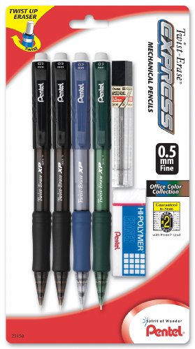 Pentel Twist-Erase EXPRESS Mechanical Pencil, 0.5mm, Assorted Barrel Colors (QE415LZBP4)