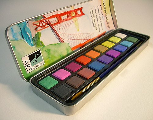 Art Alternatives Pocket Watercolor Set of 18 Half Pans of Brilliant Transparent Paint and 1 Round