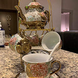 DaGiBayCn 20 Piece European Ceramic Tea Set Coffee set Porcelain Tea SetWith Metal Holder,flower tea set Red Rose Painting,160ML/Cup,460ML/Pot (Large version).