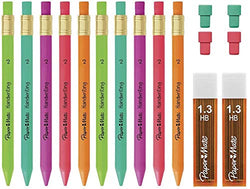 Paper Mate Handwriting Triangular Mechanical Pencil Set with Lead & Eraser Refills, 1.3mm, Fun Barrel Colors, 16 Count (10 Pencils, 2 Lead Refills and 4 Erasers)