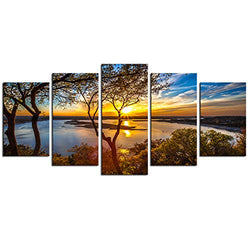 Nachic Wall- 5 Piece Canvas Wall Art Sunset on Lake Travis Texas Picture Photo on Canvas Nature Landscape Art for Home Living Room Decor Stretched and Framed Ready to Hang