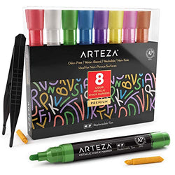 ARTEZA Liquid Chalk Markers Set of 8 (8 Metallic Colors, 8 Replaceable Chisel Tips, 1 pc Tweezers, 50 Labels, 2 Sticky Stencils) - Washable - Non-Toxic - Odor-Free - Use on Chalkboard, Glass, Mirrors