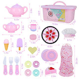 Toy Kitchen Pretend Play Set Play Food Toy Set for Kids 54 PCS with Tea Toy for Party Accessories,Chef Hat and Matching Pink Apron for for Kids,Toddler Toy Gift