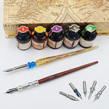 GC QUILL Calligraphy Pen Set-5 Bottle Ink-100% Hand Craft-Wood Pen Stem- Glass Pen Stem-Dip Pen with 7 Nibs&1 Pen Holder