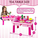 Toddler Folding Storage Table with Toy Dishes, Play Tea Set & Toy Food | 4-Set Plates, Cups & Utensils | Cutting Play Fruits & Knife | Kids Pretend Kitchen Accessories Cookware -Gift for Toddler Girls