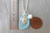 Handmade in Hawaii, Turquoise bay blue sea glass necklace, sea turtle charm, Natural pearl,"December Birthstone", (Hawaii Gift Wrapped, Customizable Gift Message) (Non-Personalized)