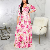 JTNFairy Womens Casual Floral Print Long Maxi Dress Plus Size Plain Party Outfits Pink