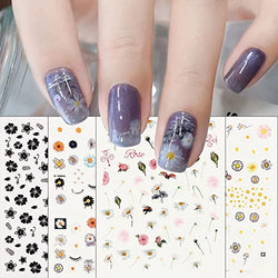 Diduikalor Spring Daisy Sunflower Nail Art Stickers Decals Self Adhesive Cute Smile Face Summer White Yellow Black Flowers Floral Design Manicure Tips Nail Decoration for Women Girls Kids