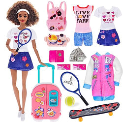 iBayda 25pc Doll Clothes and Accessories Travel Suitcase Luggage Backbag Skateboard Tennis Play Set Toys for 11.5 inch Girl Dolls (No Doll)