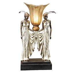 Design Toscano PD331 Art Deco Peacock Maidens Sculptural Table Lamp, 20 Inch, Bronze and Pearl