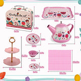 Toys Tea Set 35 Pcs Tea Party Set for Little Girls, Princess Tea Time Accessories with Carrying Case Tablecloth Dessert Tray Candy Cookies Kitchen Pretend Play Toy for Toddlers Kids Girls Boys Age 3-6