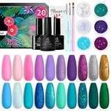 Beetles Gel Nail Polish Kit, Mermaid 20 Colors Soak Off Gel Polish Starter Kit with 1 Base Coat 1 Glossy & 1 Matte Top Coat 3 Nail Brushes 6 Colors Glitter 1 Mermaid Nail Stickers Holiday Gifts Set