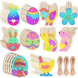 50Pcs Unfinished Wood Easter Ornaments Egg Bunny Chick Flower Cutouts with Holes Wooden Gift Tags Hang Tags Favor Tags Treats Tags with Twines for Kids Easter Party Supplies DIY Crafts Home Decor