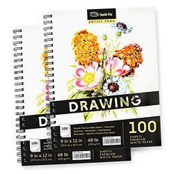 2-Pack 100 Sheets 9 x 12 Inch Sketch Pads for Drawing (Perforated, 100gsm / 68lbs Drawing Paper) Ideal for a Variety of Dry Media Including Pencils, Crayons, Graphite & Charcoal for Kids & Adults