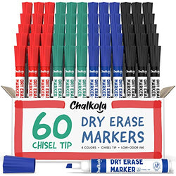 Chalkola Dry Erase Markers Bulk Pack of 60 Colors (15x Black, Red, Green Blue), White Board Markers Dry Erase Pens - Low odor Whiteboard Markers for Kids, Home, Office & Back to School Supplies