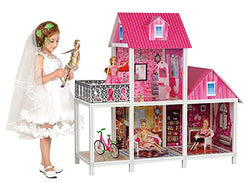 BETTINA 39'' Large Plastic & Hard Cardboard Doll House with Sofas, Bicycle,Vanity, Big Playhouse Set with Dollhouse Furniture, Pink