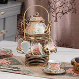 CHANJOON Gold Plated Red Rose Ceramic Tea Set, Vintage Tea Set with Teapot, Beautiful Tea Set Coffee Serving 6 People (gilded rose)