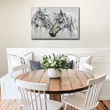 Sdmikeflax Abstract Horses Canvas Wall Art, Large Hand Painted White Couple Horse Painting 36" X 24" , Animal Head Portrait Pictures Farmhouse Wall Decor, Beige Gold Foil Western Artwork for Living Room Bathroom Office