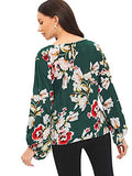 Romwe Women's Floral Print Long Sleeve Self tie Waist Knot Blouse Top Green L