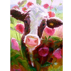 Full Drill Square Diamond Painting Kits for Adults, Cow in Flower Rhinestone Embroidery Cross Stitch Supply Arts Craft Canvas Wall Decor 11.8x15.8 inch