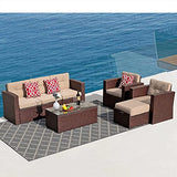 Super Patio 7 Pieces Patio Furniture Set, Outdoor Sectional Rattan Sofa Set, All Weather Wicker Conversation Couch Set with Beige Seat and Back Cushions, Red Throw Pillows, Espresso Brown