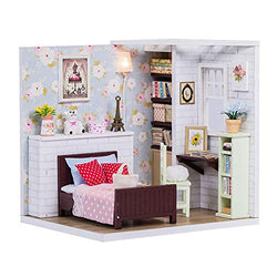 ROBOX Miniature Dollhouse DIY Kits 1/24 Scale Mini House Wooden Craft Models Miniature House Kit Pink Floral Bedroom with Furniture，Dust Cover and Led Light